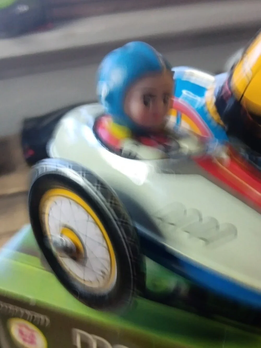 Vintage-Style Motorcycle Sidecar Toy - Blue, Yellow & White with original box